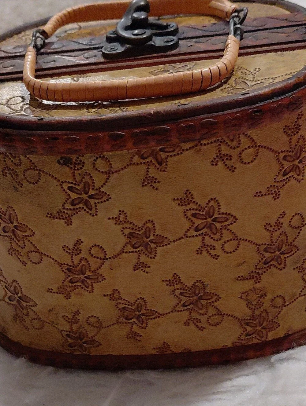 Tan Floral-Embossed Cosmetic Case with Top Handle